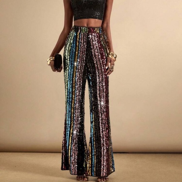 Rebellious Rose Pants - Women's Colorful Striped Sequin Straight Loose Pants Sequin Jumpsuit Sequin Pant